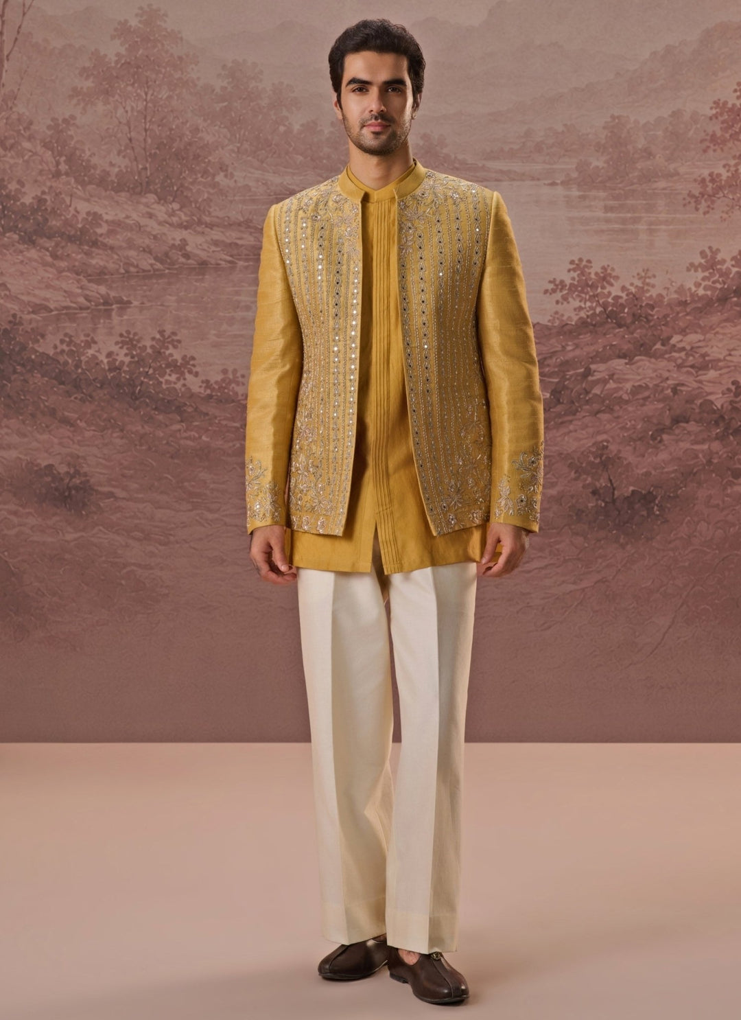 Contrast by Parth Mustard Yellow Raw Silk Jacket SetFabilicious Fashion