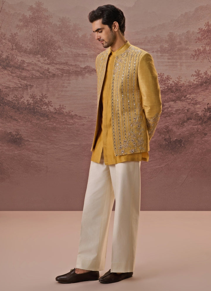 Contrast by Parth Mustard Yellow Raw Silk Jacket SetFabilicious Fashion