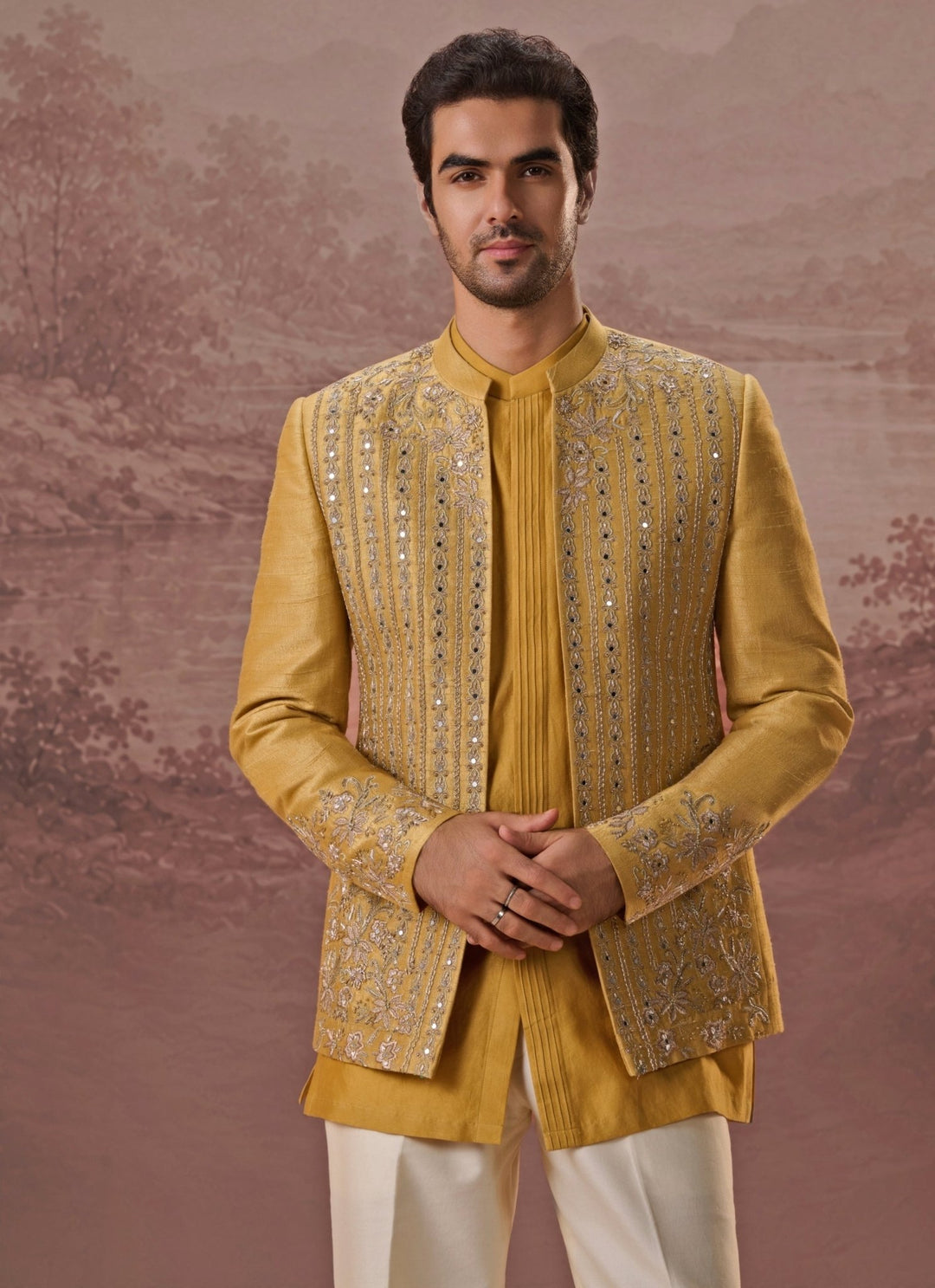 Contrast by Parth Mustard Yellow Raw Silk Jacket SetFabilicious Fashion