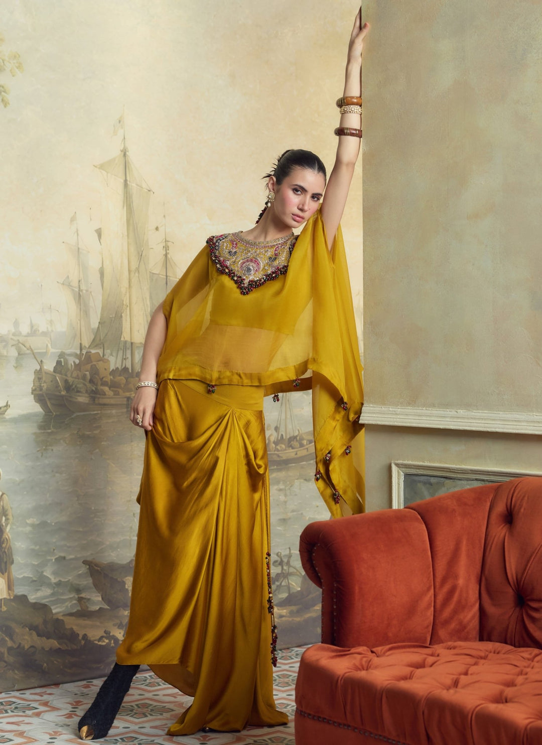 Prisho Mustard Yellow Satin Drape Skirt With KaftanFabilicious Fashion