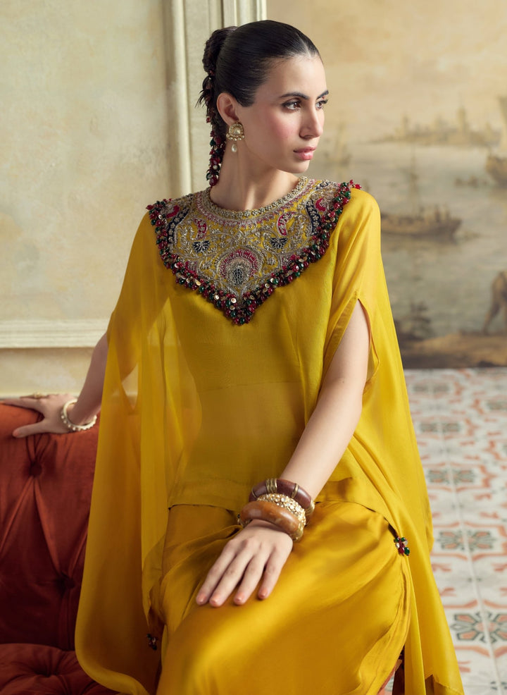 Prisho Mustard Yellow Satin Drape Skirt With KaftanFabilicious Fashion