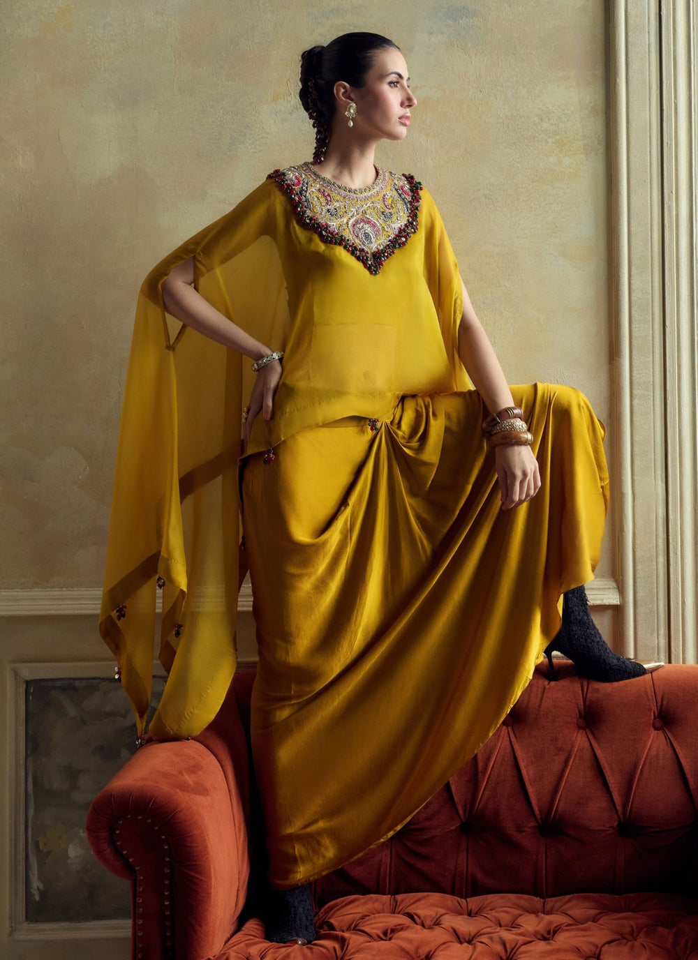 Prisho Mustard Yellow Satin Drape Skirt With KaftanFabilicious Fashion