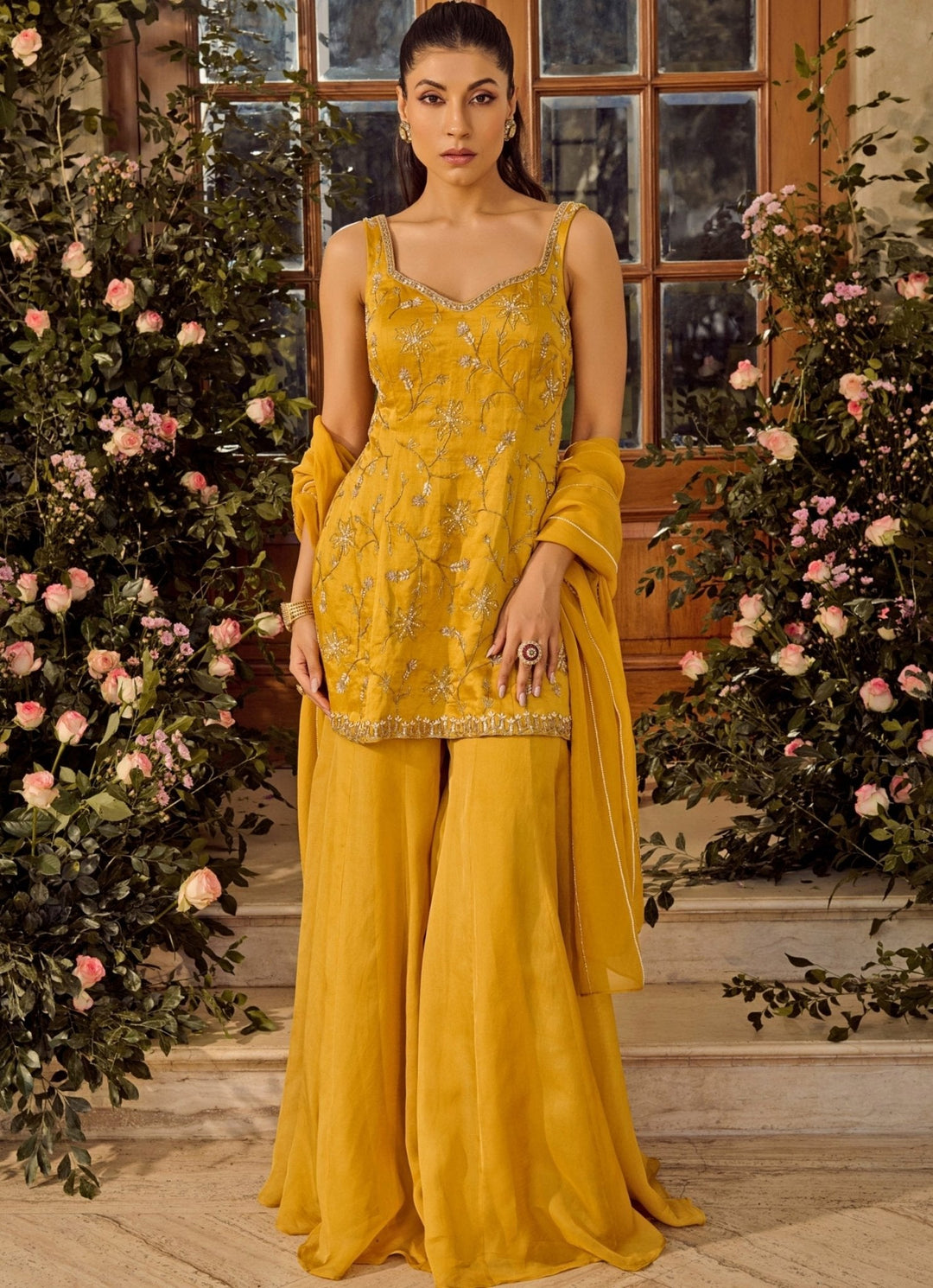 Mustard Yellow Satin Kurta Sharara Set Parul Gandhi - Fabilicious Fashion