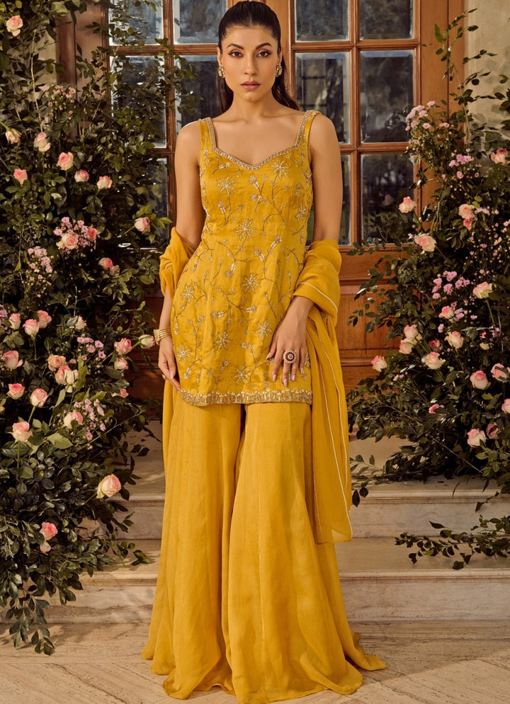 Mustard Yellow Satin Kurta Sharara Set Parul Gandhi - Fabilicious Fashion