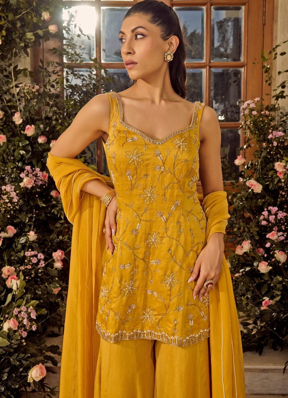 Mustard Yellow Satin Kurta Sharara Set Parul Gandhi - Fabilicious Fashion