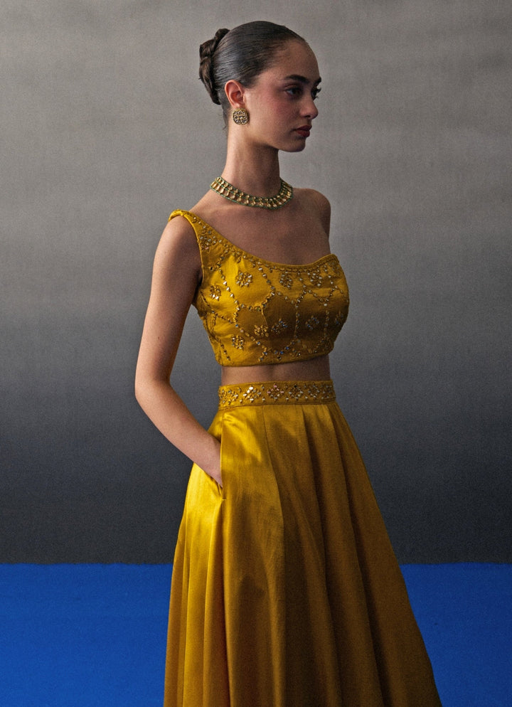 Mustard Yellow Satin Silk One Shoulder Lehenga Angad Singh - Fabilicious Fashion