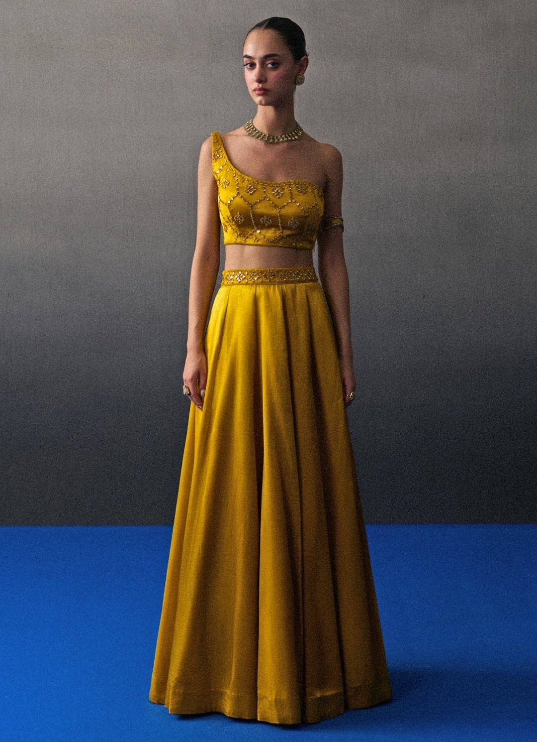 Mustard Yellow Satin Silk One Shoulder Lehenga Angad Singh - Fabilicious Fashion