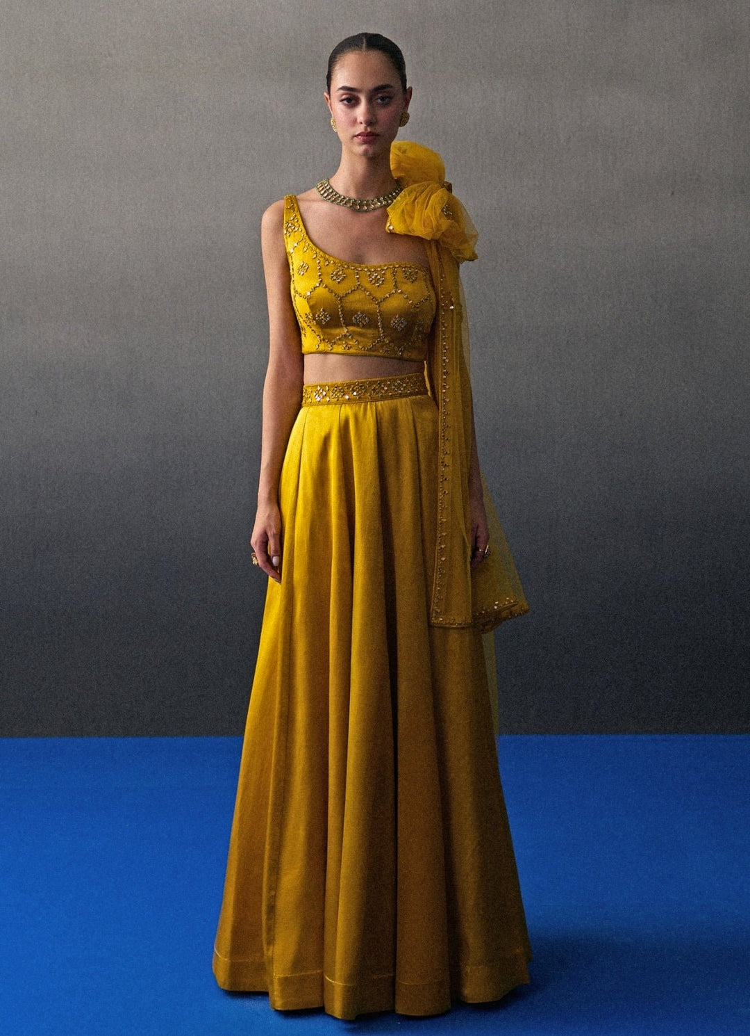 Mustard Yellow Satin Silk One Shoulder Lehenga Angad Singh - Fabilicious Fashion