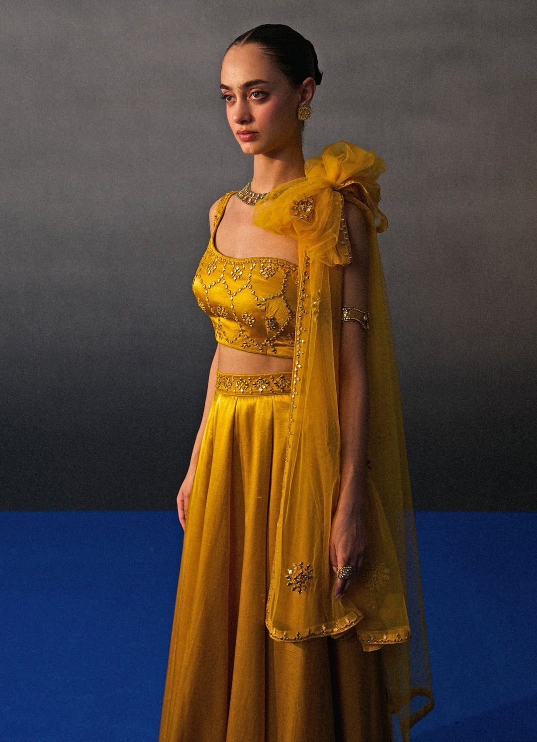 Mustard Yellow Satin Silk One Shoulder Lehenga Angad Singh - Fabilicious Fashion