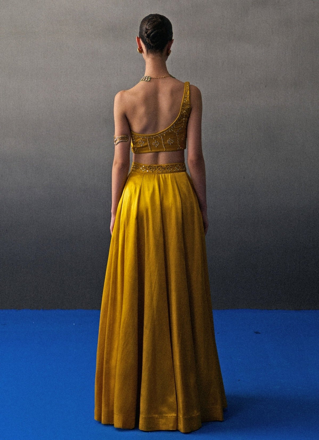 Mustard Yellow Satin Silk One Shoulder Lehenga Angad Singh - Fabilicious Fashion