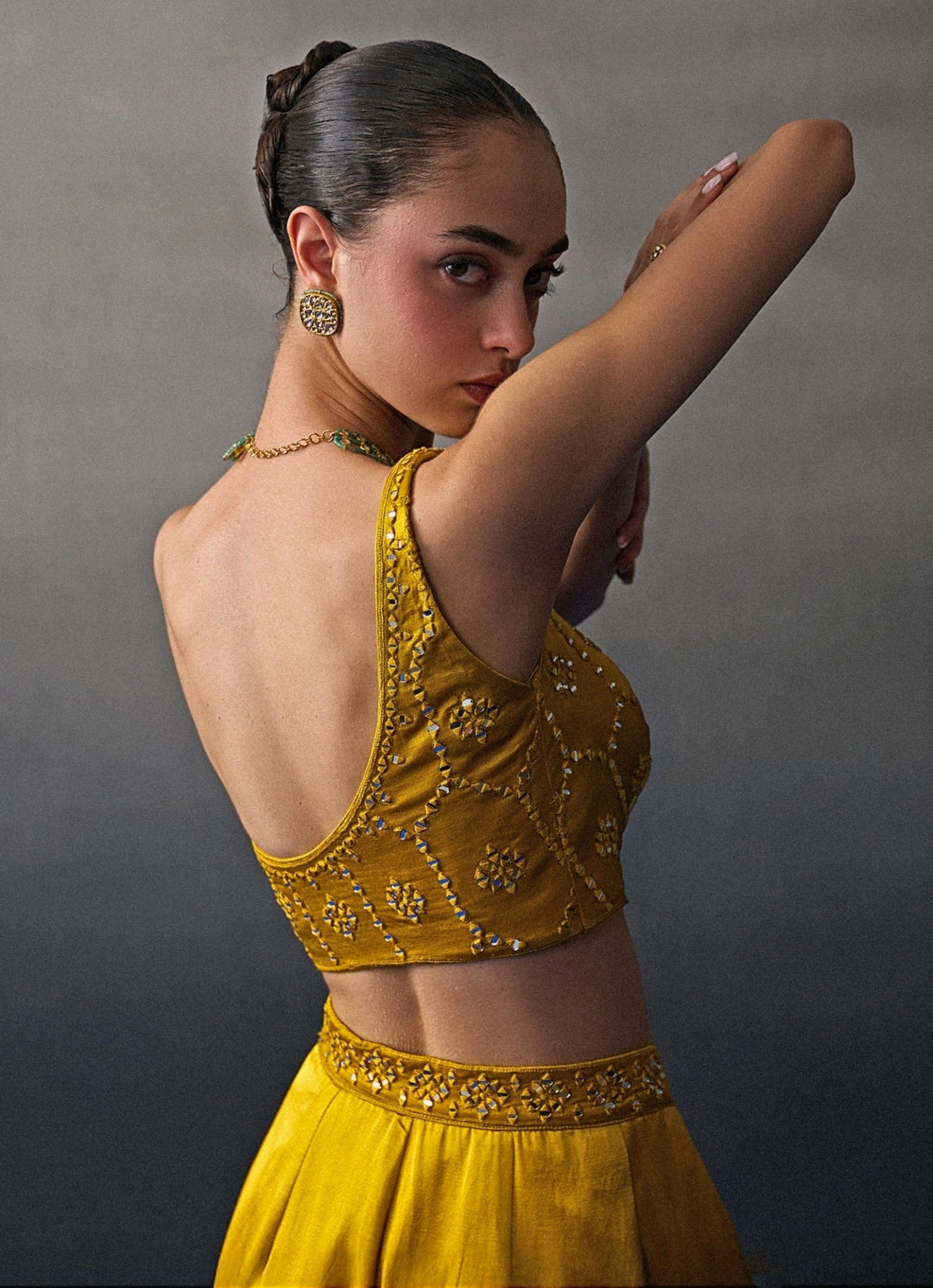 Mustard Yellow Satin Silk One Shoulder Lehenga Angad Singh - Fabilicious Fashion