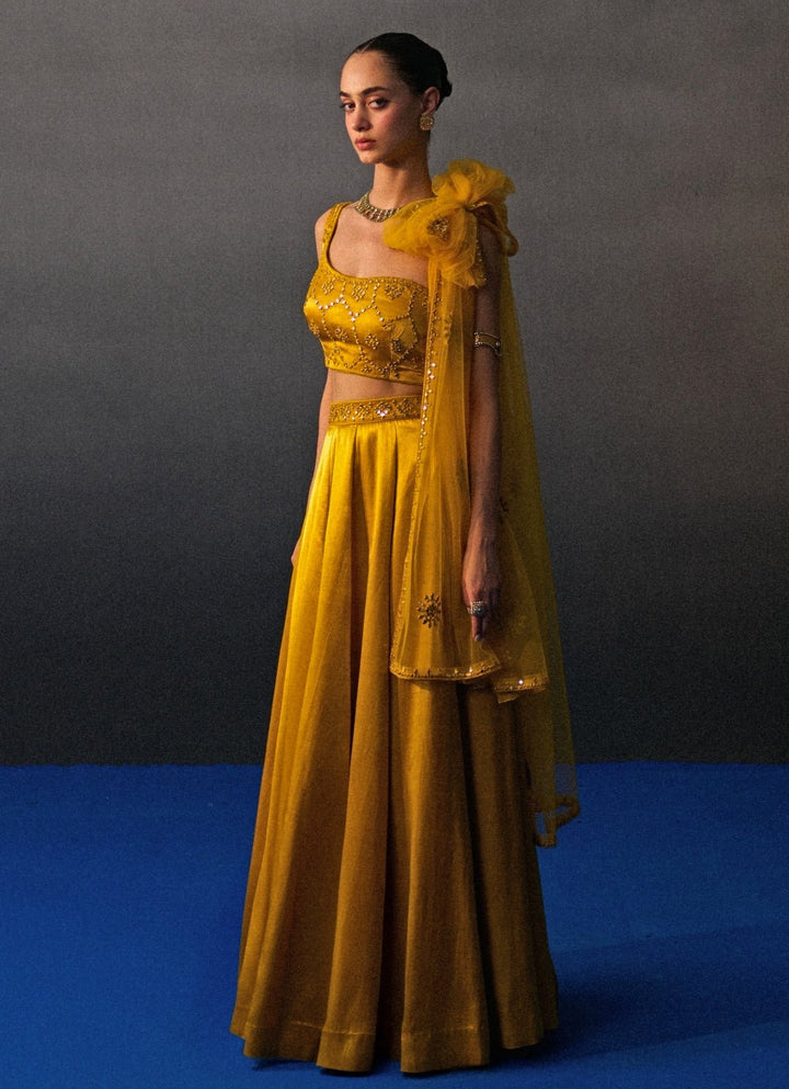 Mustard Yellow Satin Silk One Shoulder Lehenga Angad Singh - Fabilicious Fashion
