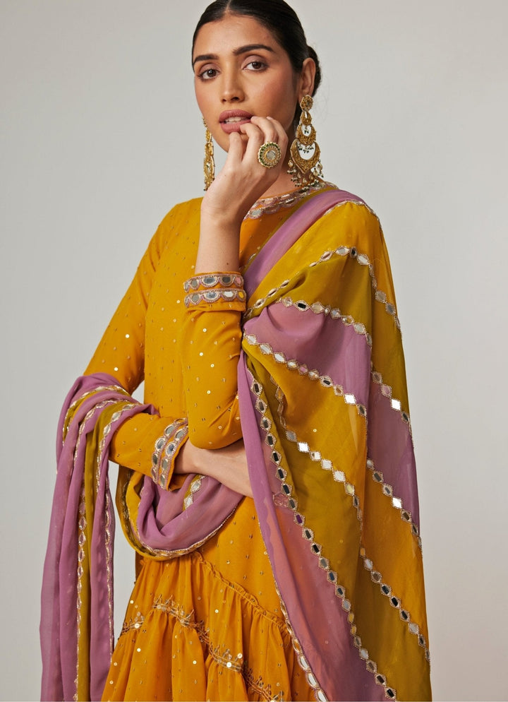 Mustard Yellow Sequins Georgette Dhoti Kurta Set With Dupatta Vvani by Vani Vats - Fabilicious Fashion