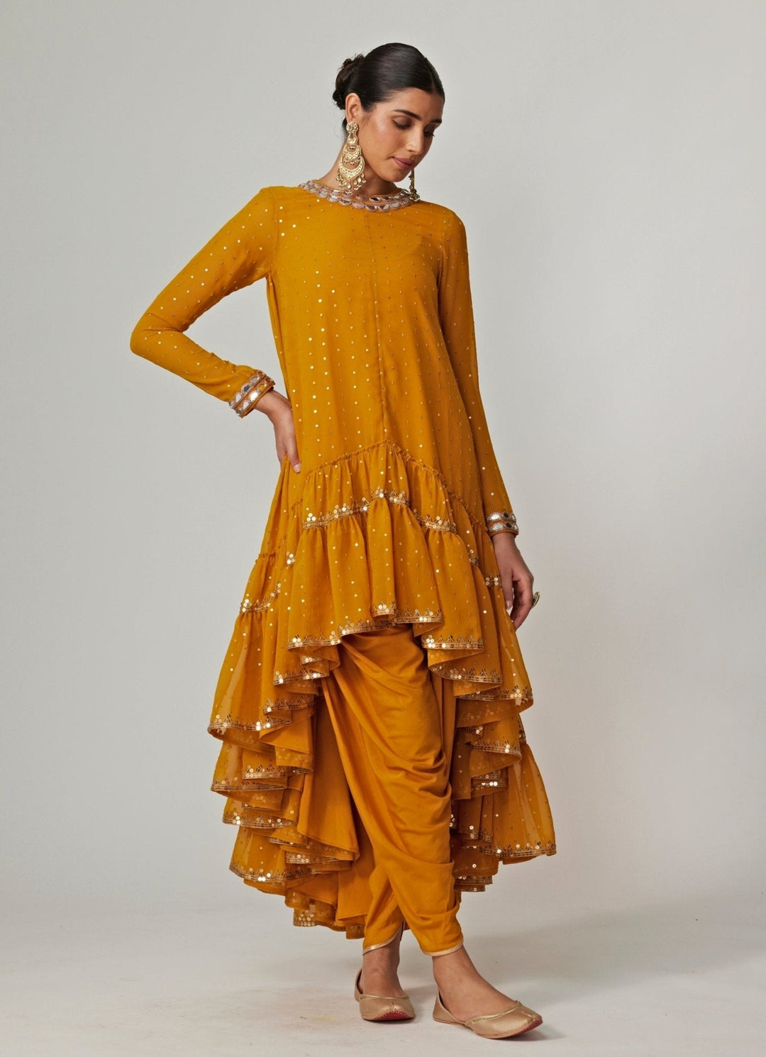 Mustard Yellow Sequins Georgette Dhoti Kurta Set Vvani by Vani Vats - Fabilicious Fashion