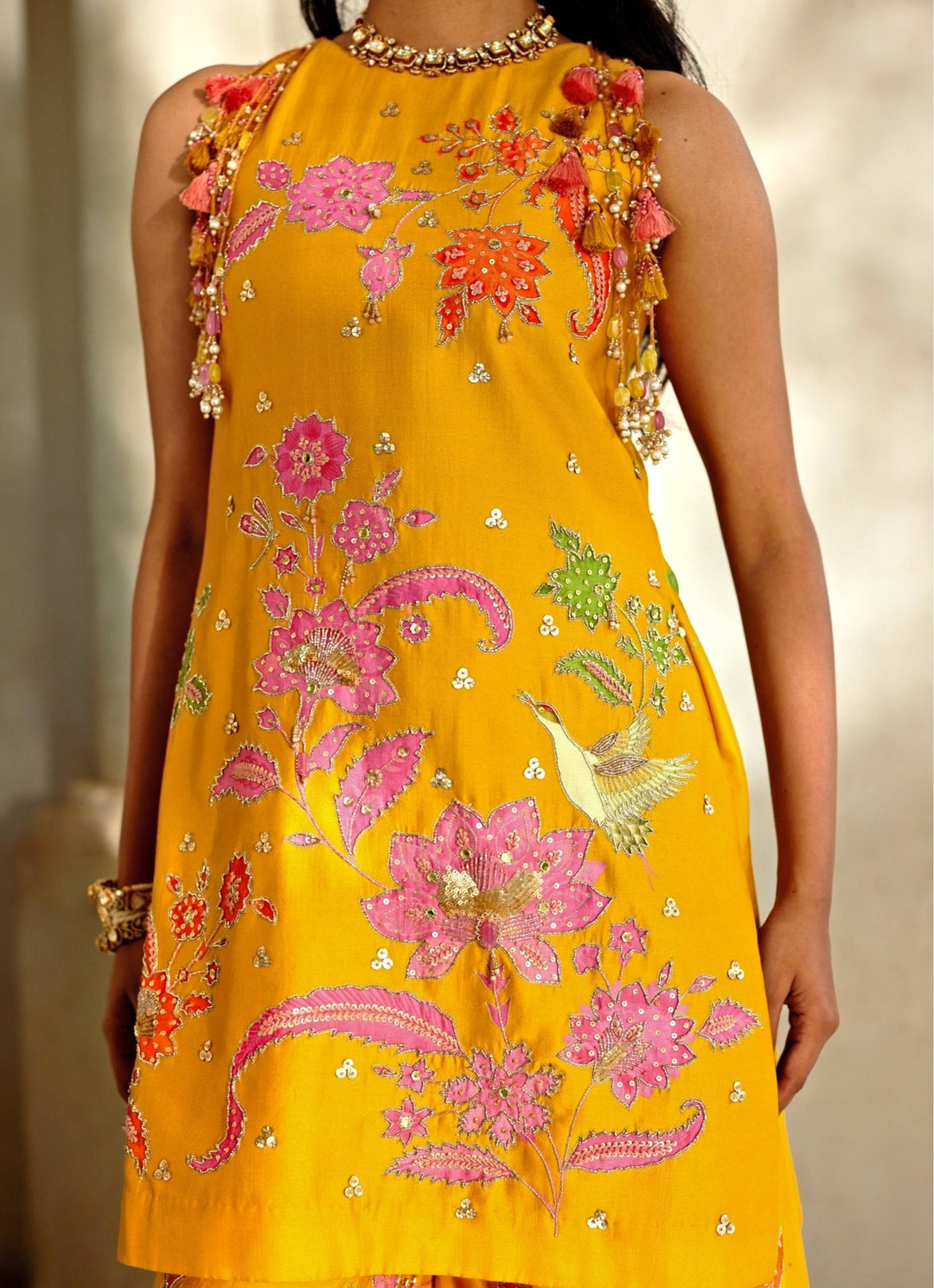 Mustard Yellow Silk Blend Kurta Palazzo Set Paulmi and Harsh - Fabilicious Fashion