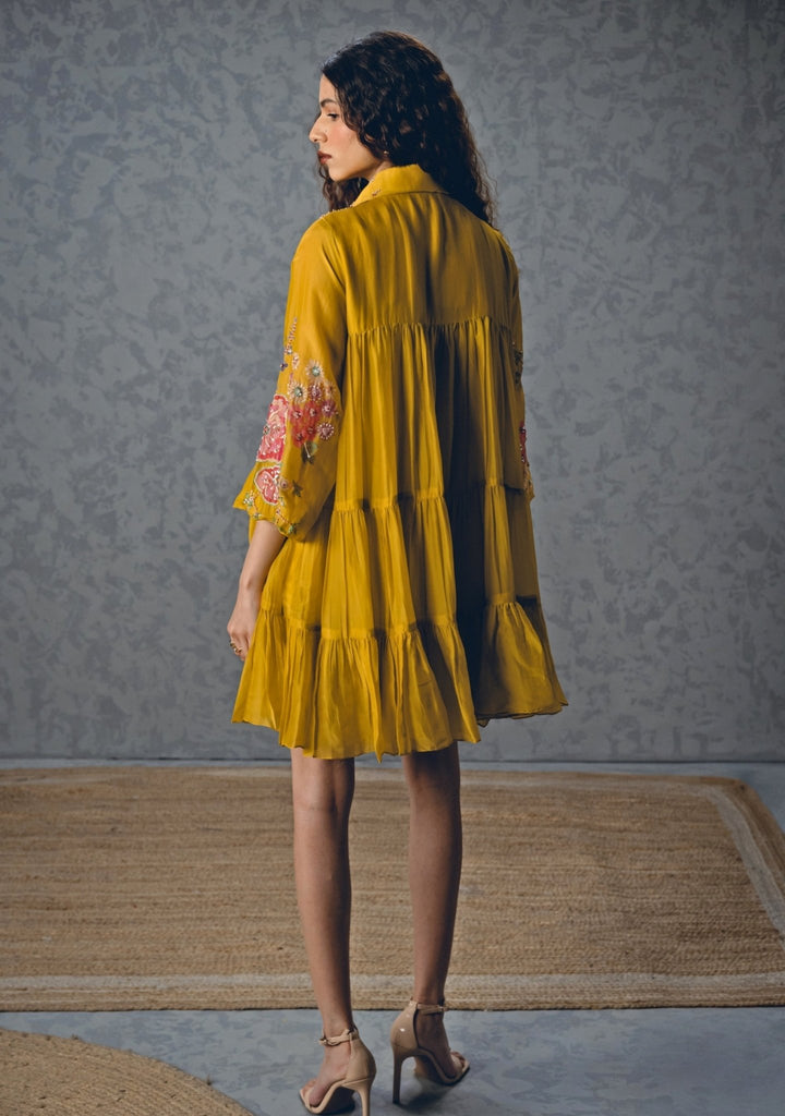 Mustard Yellow Silk Blend Short Dress Paulmi and Harsh X Ease - Fabilicious Fashion