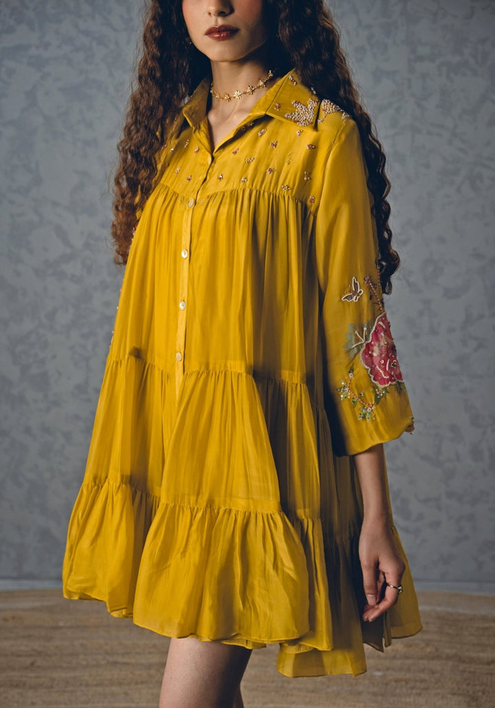 Mustard Yellow Silk Blend Short Dress Paulmi and Harsh X Ease - Fabilicious Fashion