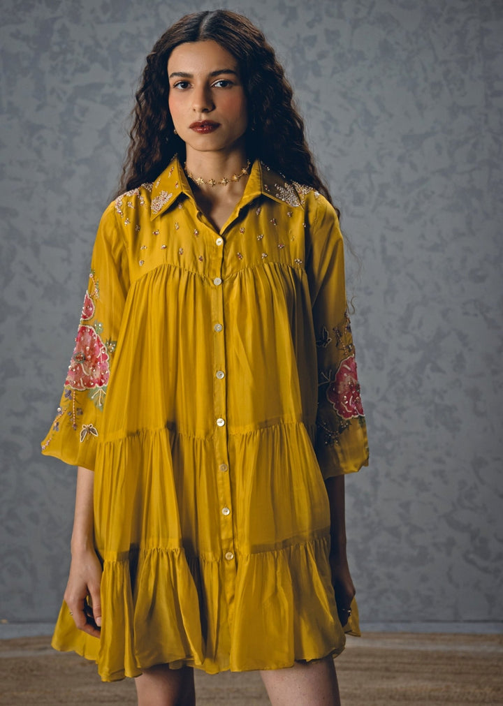 Mustard Yellow Silk Blend Short Dress Paulmi and Harsh X Ease - Fabilicious Fashion