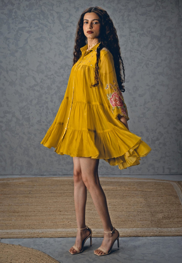 Mustard Yellow Silk Blend Short Dress Paulmi and Harsh X Ease - Fabilicious Fashion