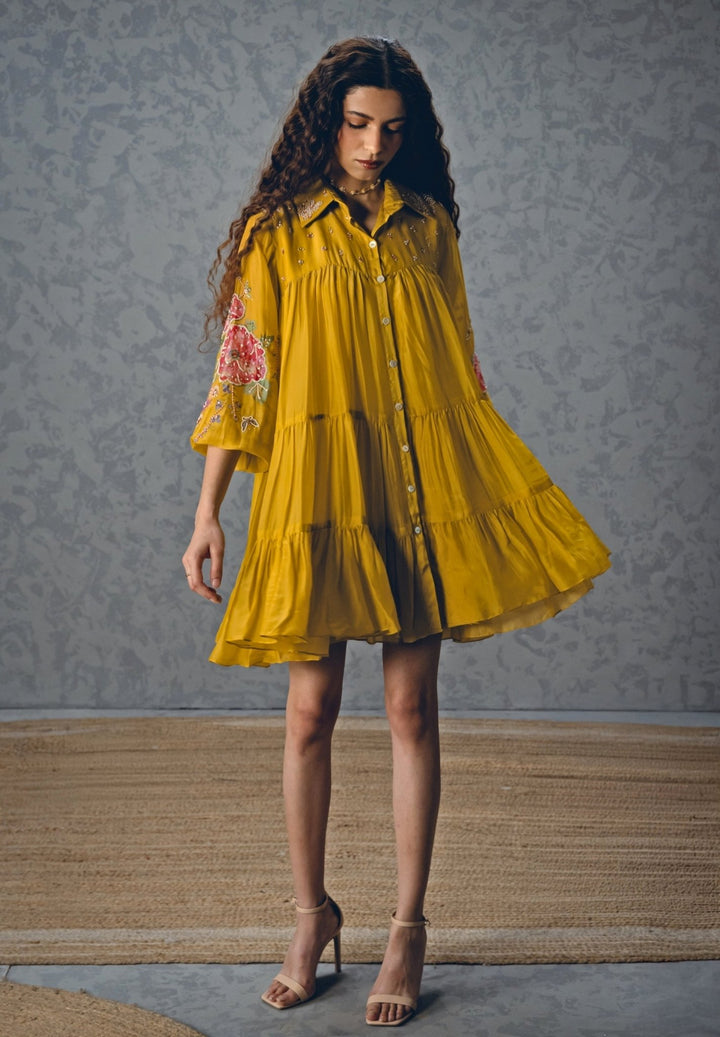 Mustard Yellow Silk Blend Short Dress Paulmi and Harsh X Ease - Fabilicious Fashion