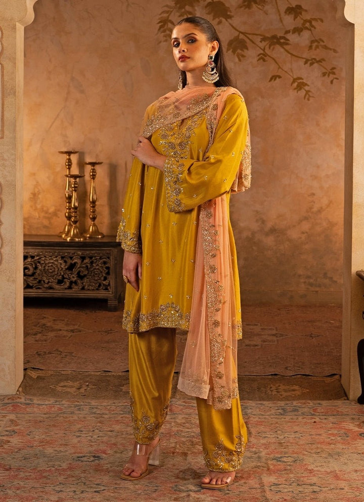 Angad Singh Mustard Yellow Silk Kurta Pants With Peach DupattaFabilicious Fashion