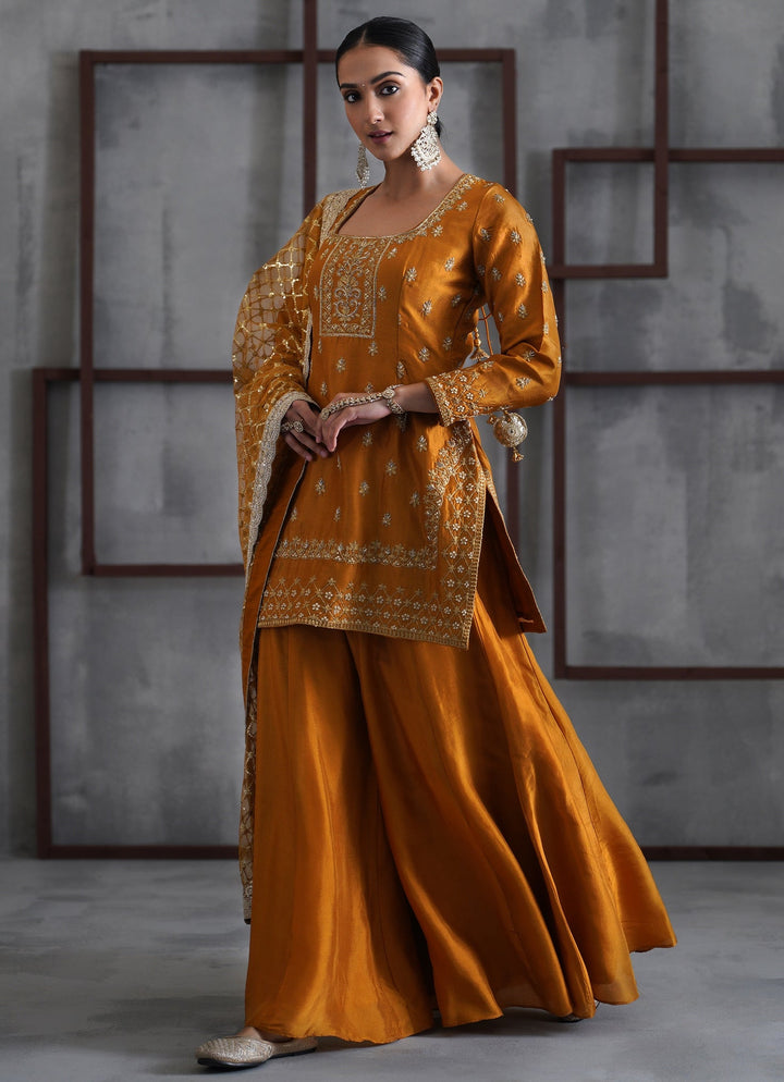 Mustard Yellow Silk Kurta Sharara Set Deepika Chadha - Fabilicious Fashion