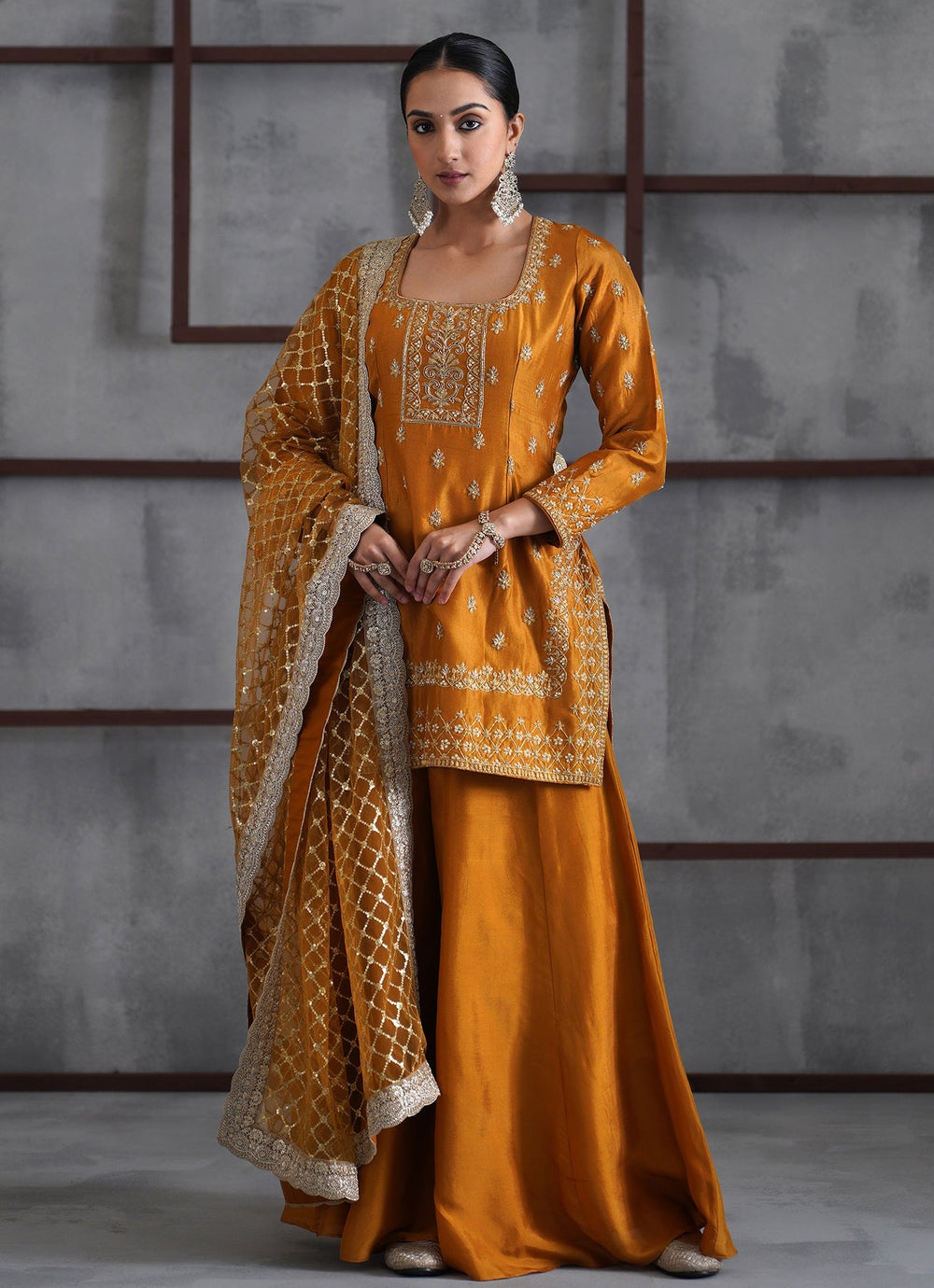 Mustard Yellow Silk Kurta Sharara Set Deepika Chadha - Fabilicious Fashion