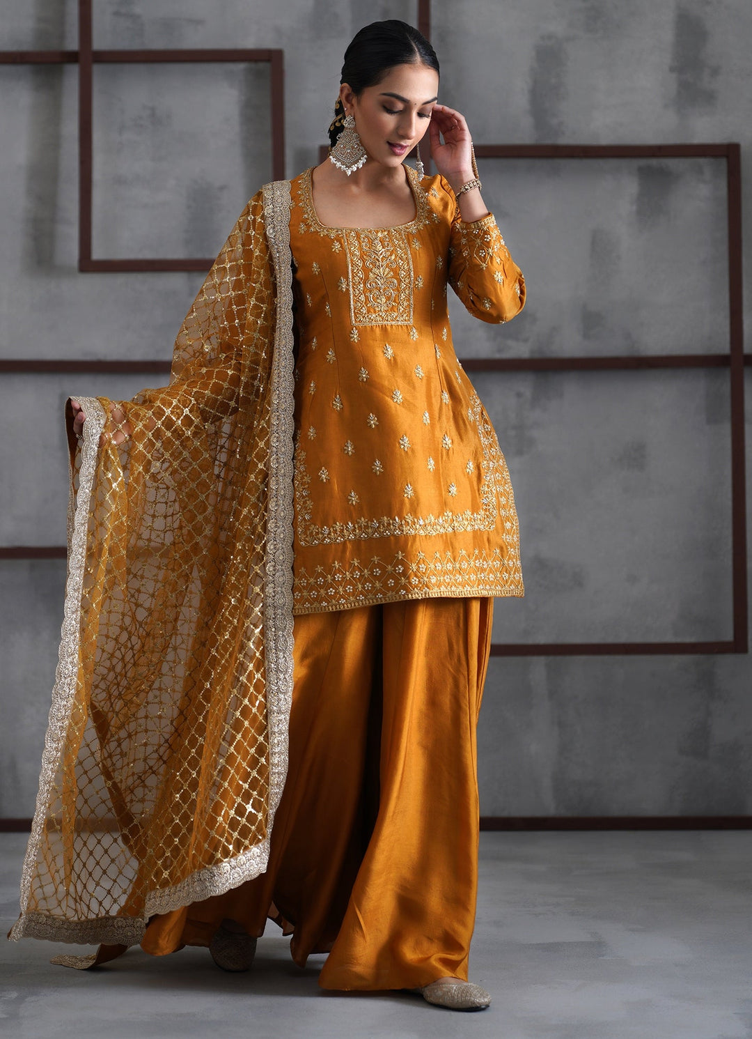 Mustard Yellow Silk Kurta Sharara Set Deepika Chadha - Fabilicious Fashion
