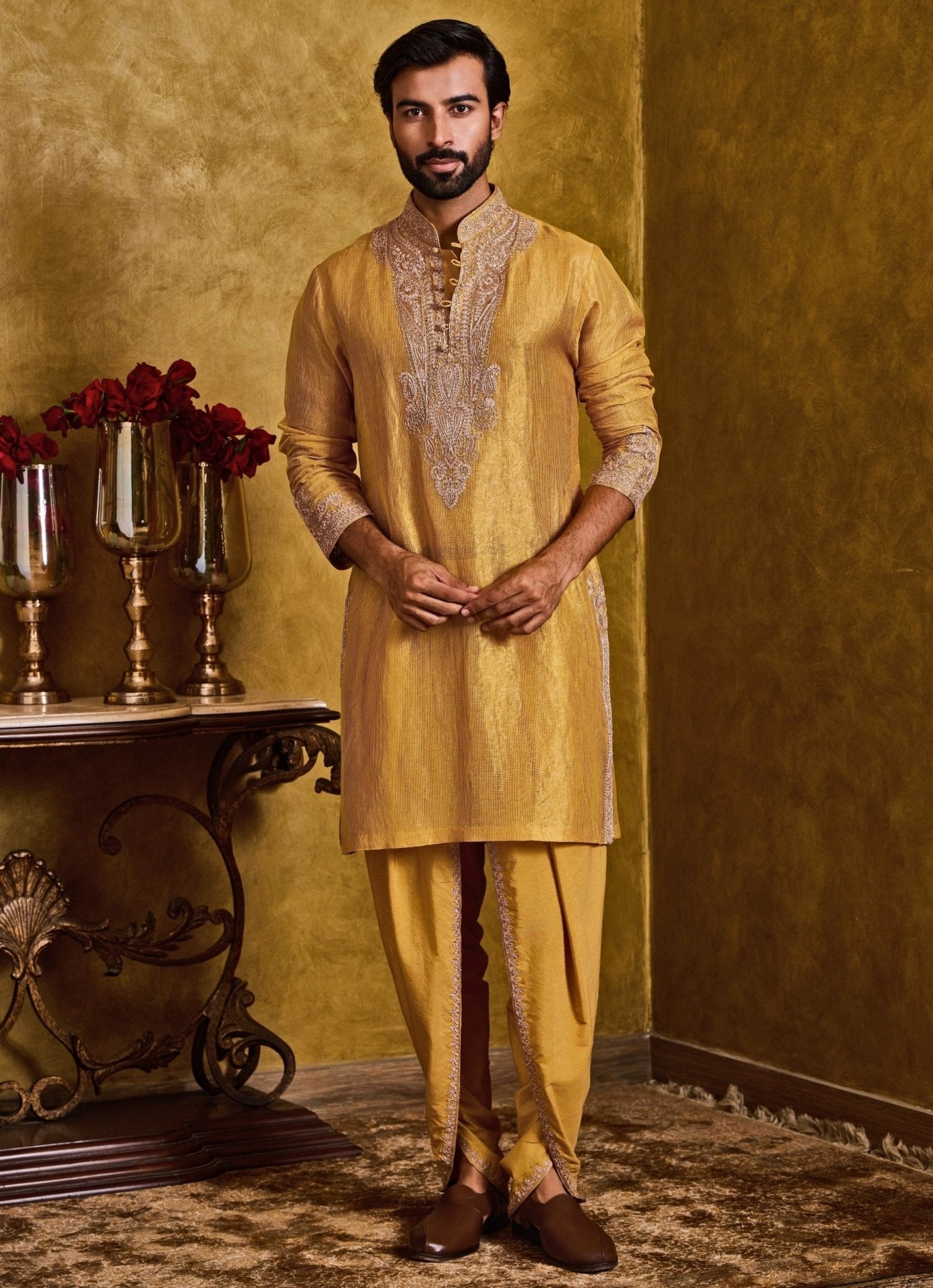 Mustard yellow tissue chanderi silk kurta dhoti set, sherwani style, by Nitika Gujral Men