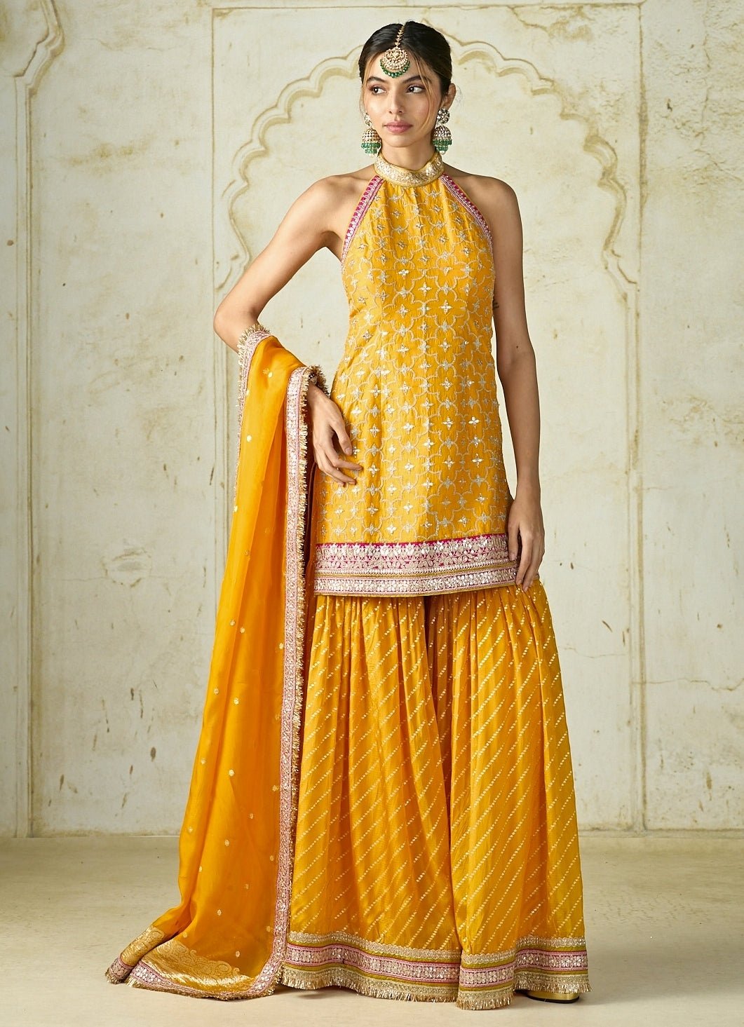 Gopi Vaid Mustard Yellow Tussar Halter Kurta Sharara SetFabilicious Fashion
