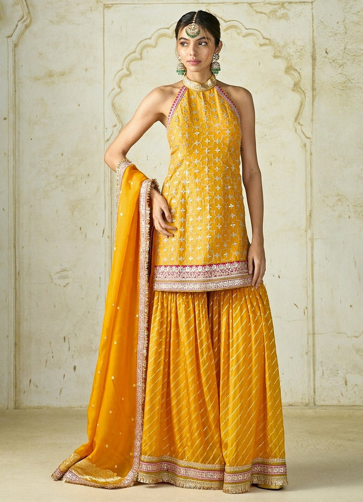 Gopi Vaid Mustard Yellow Tussar Halter Kurta Sharara SetFabilicious Fashion