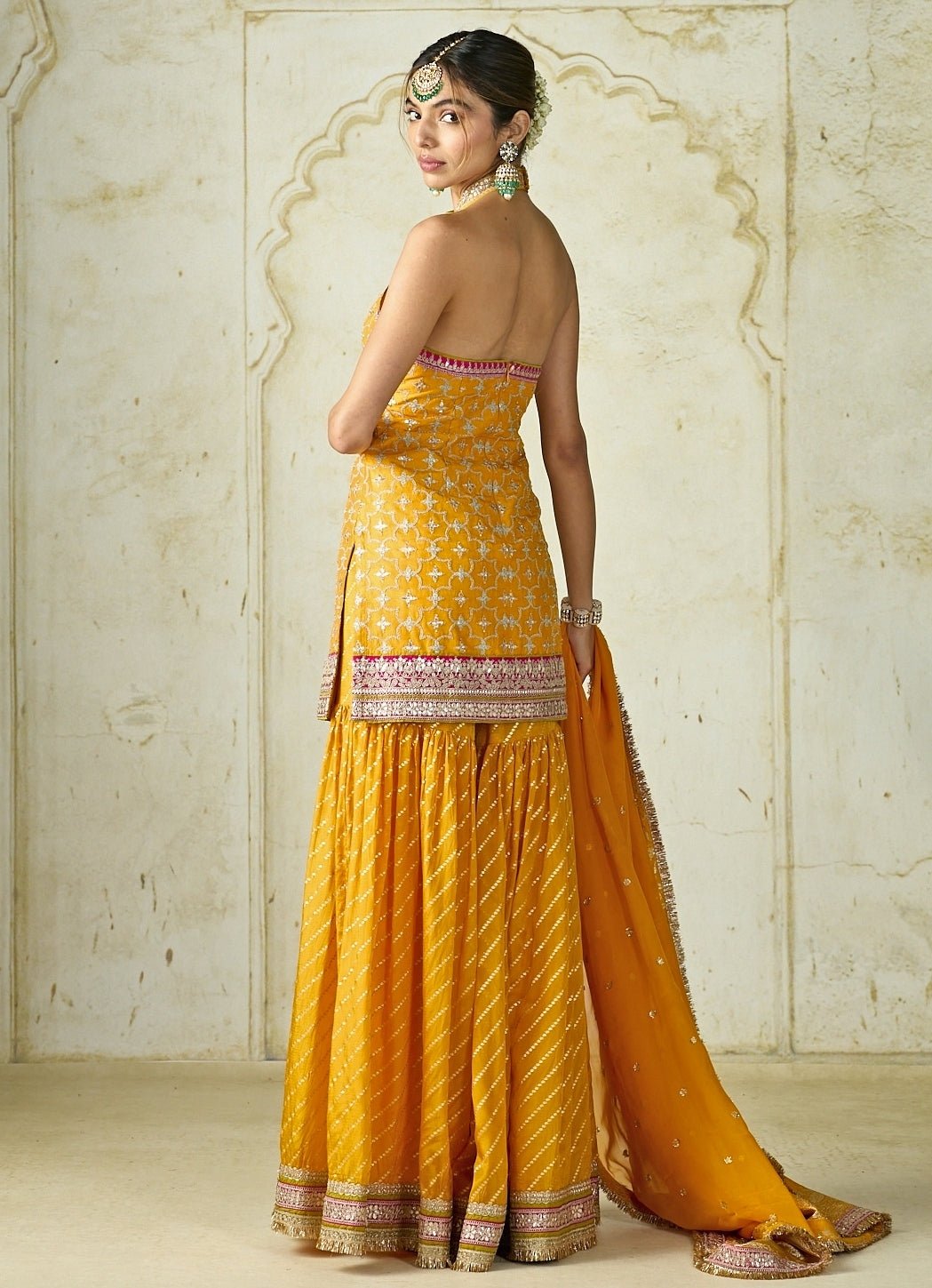 Gopi Vaid Mustard Yellow Tussar Halter Kurta Sharara SetFabilicious Fashion