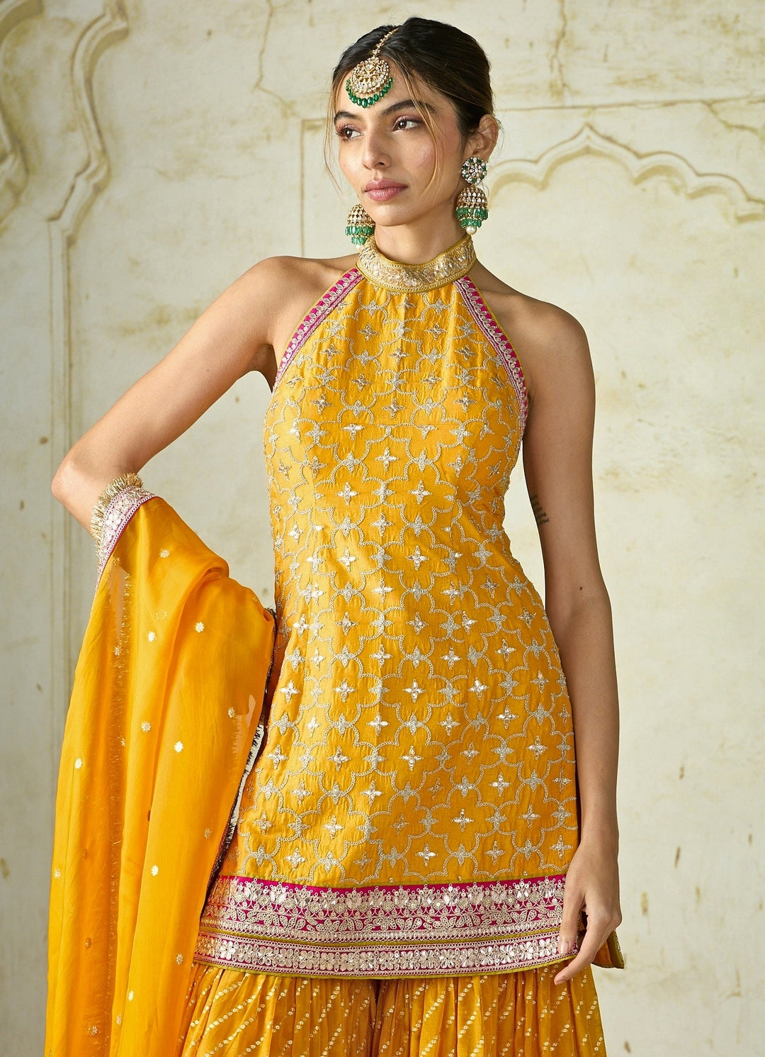 Gopi Vaid Mustard Yellow Tussar Halter Kurta Sharara SetFabilicious Fashion