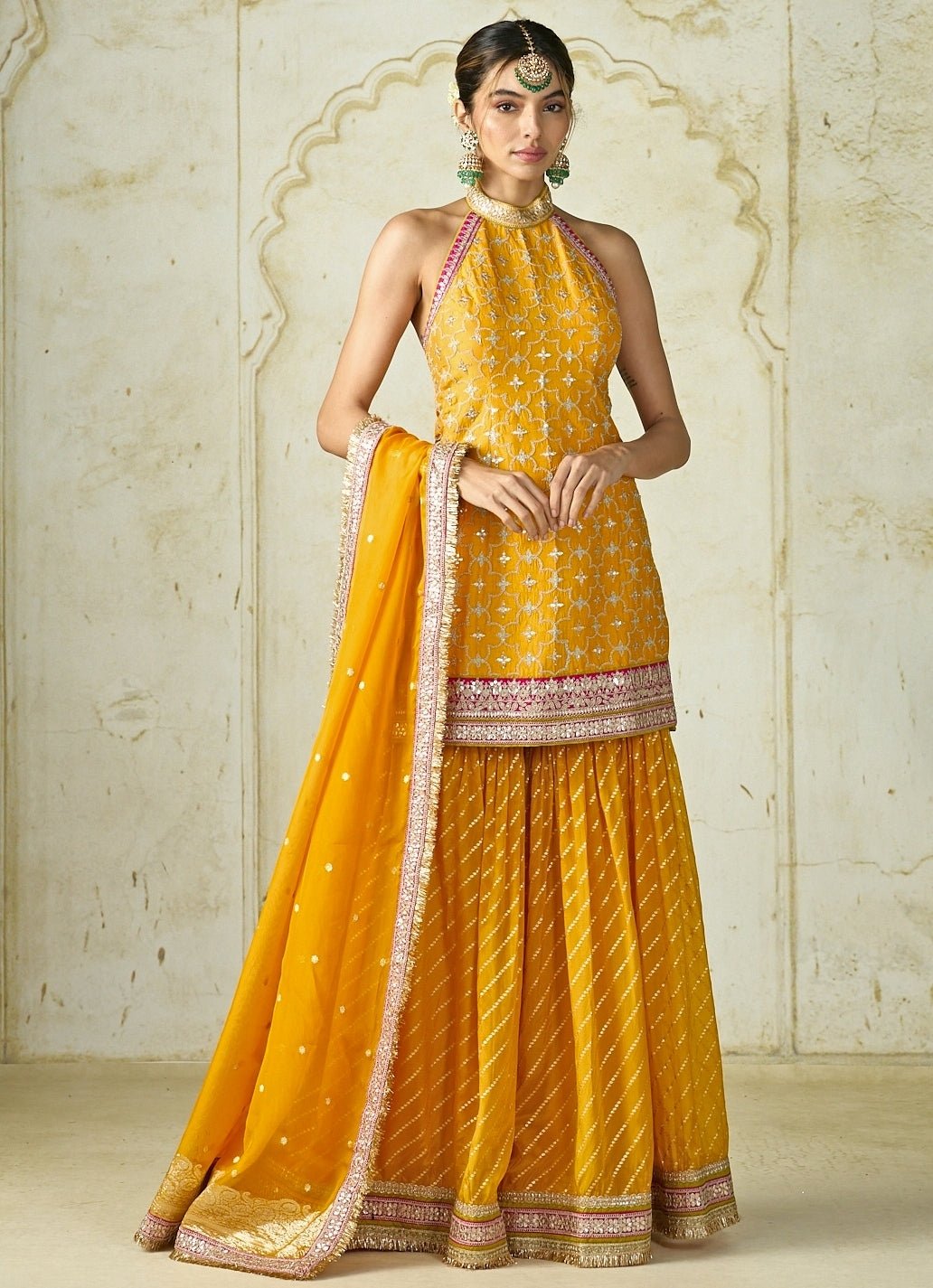 Gopi Vaid Mustard Yellow Tussar Halter Kurta Sharara SetFabilicious Fashion