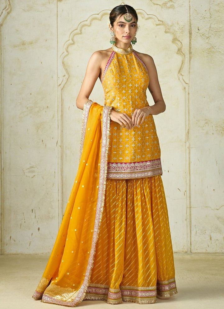 Gopi Vaid Mustard Yellow Tussar Halter Kurta Sharara SetFabilicious Fashion