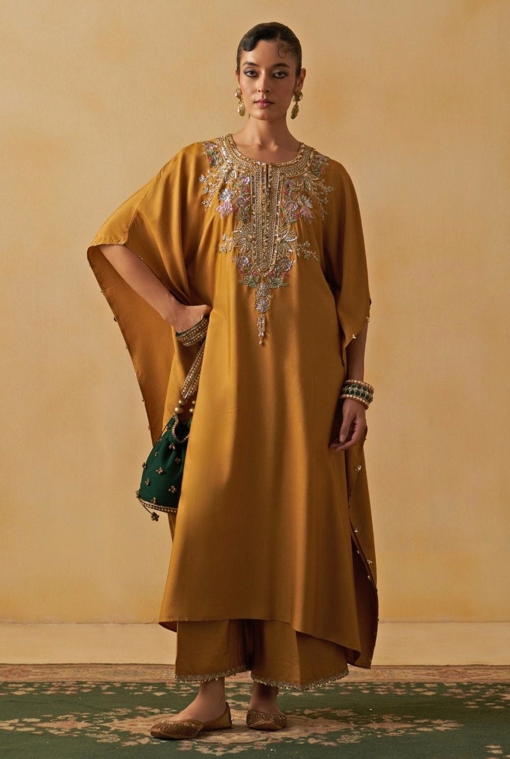 Mustard Yellow Tussar Kaftan Palazzo Set Prevasu - Fabilicious Fashion