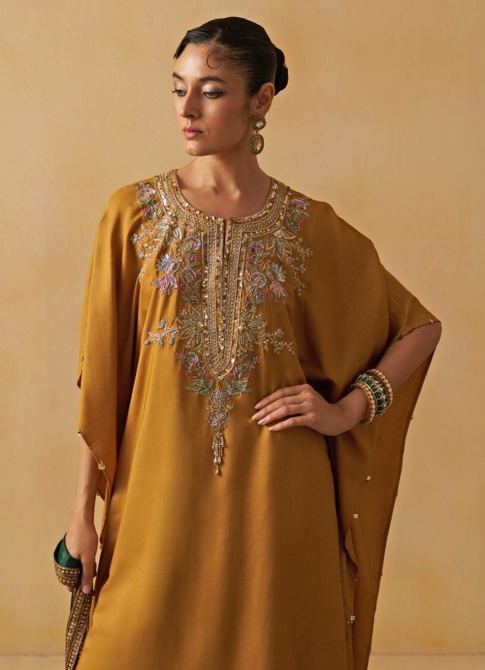 Mustard Yellow Tussar Kaftan Palazzo Set Prevasu - Fabilicious Fashion