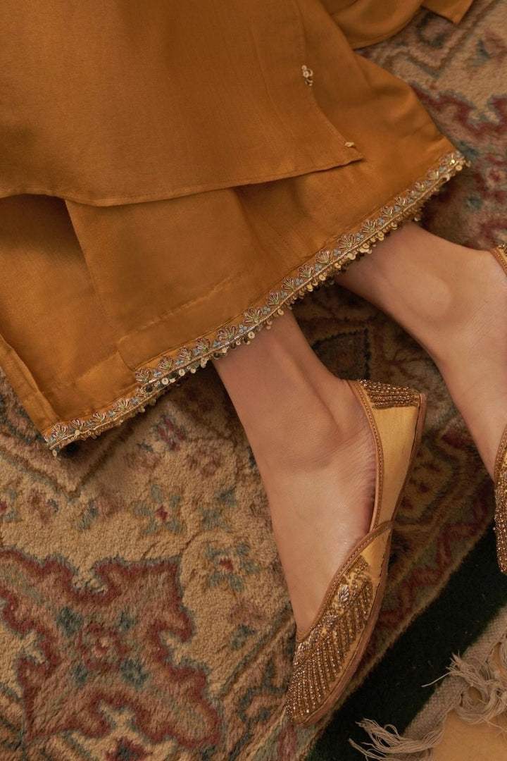 Mustard Yellow Tussar Kaftan Palazzo Set Prevasu - Fabilicious Fashion