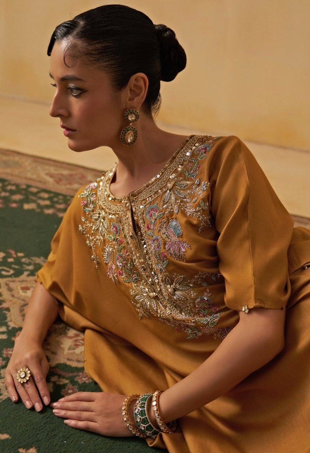 Mustard Yellow Tussar Kaftan Palazzo Set Prevasu - Fabilicious Fashion