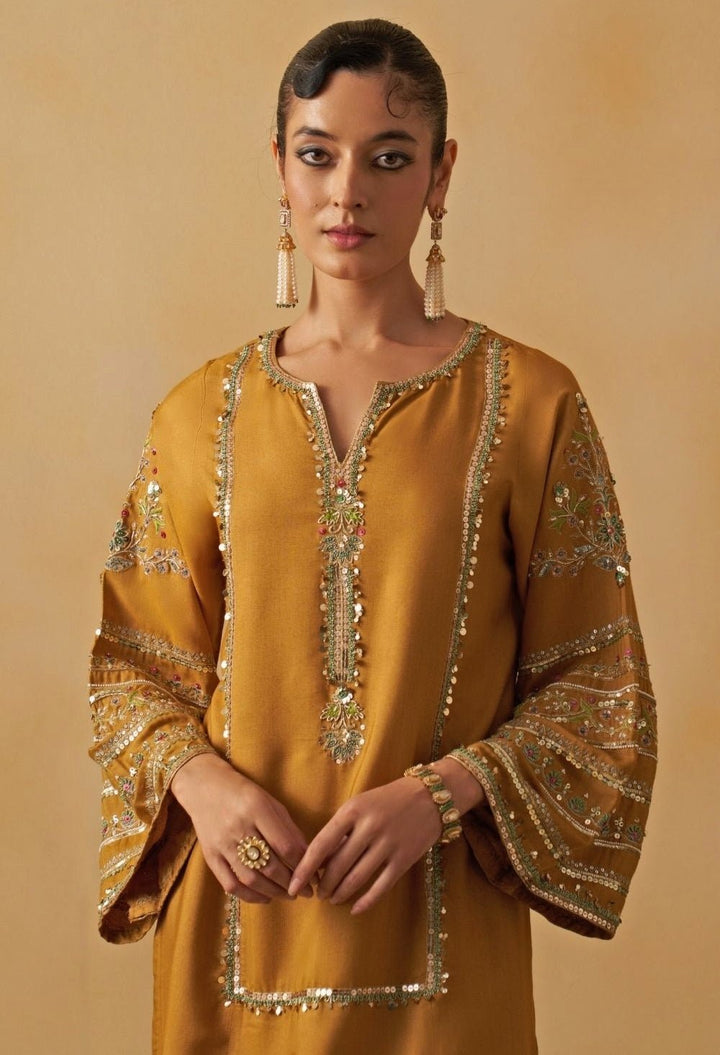 Mustard Yellow Tussar Kurta Salwar Set Prevasu - Fabilicious Fashion