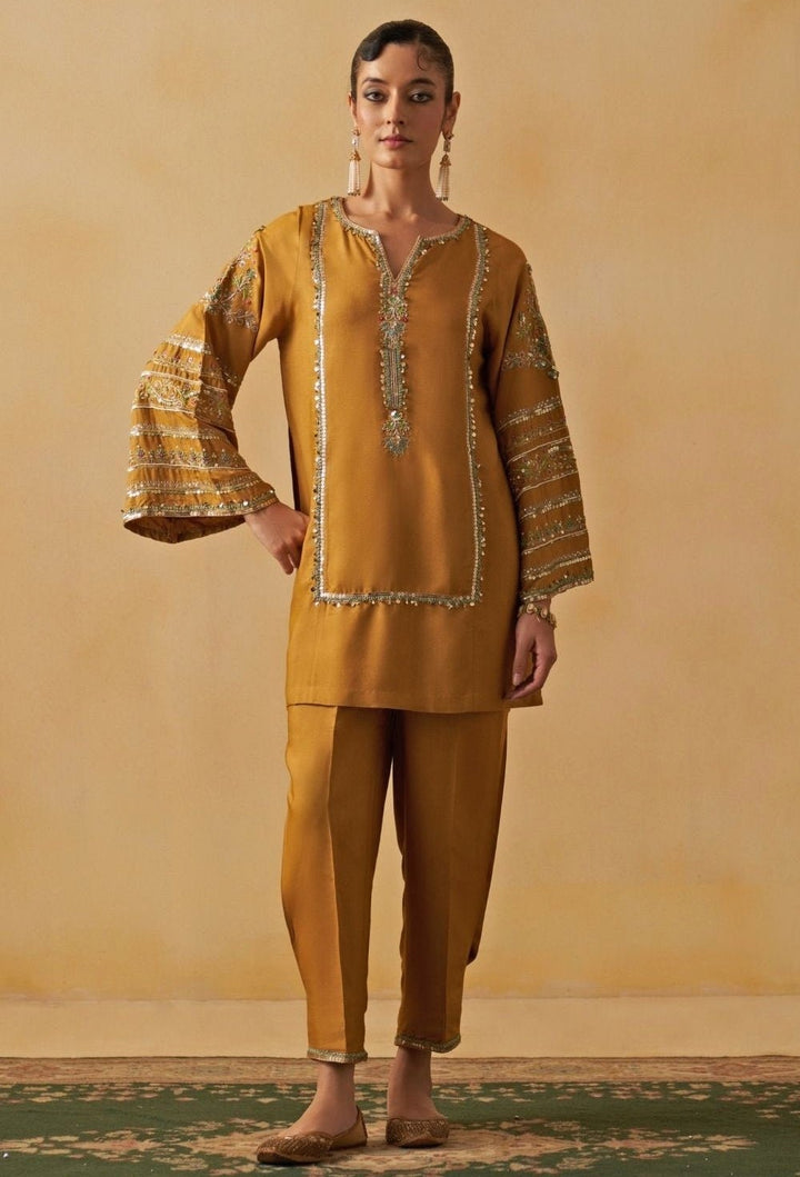 Mustard Yellow Tussar Kurta Salwar Set Prevasu - Fabilicious Fashion