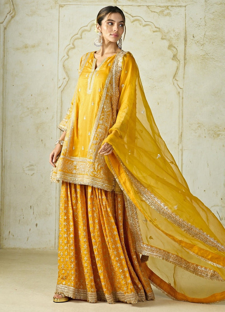 Gopi Vaid Mustard Yellow Tussar Kurta Sharara SetFabilicious Fashion