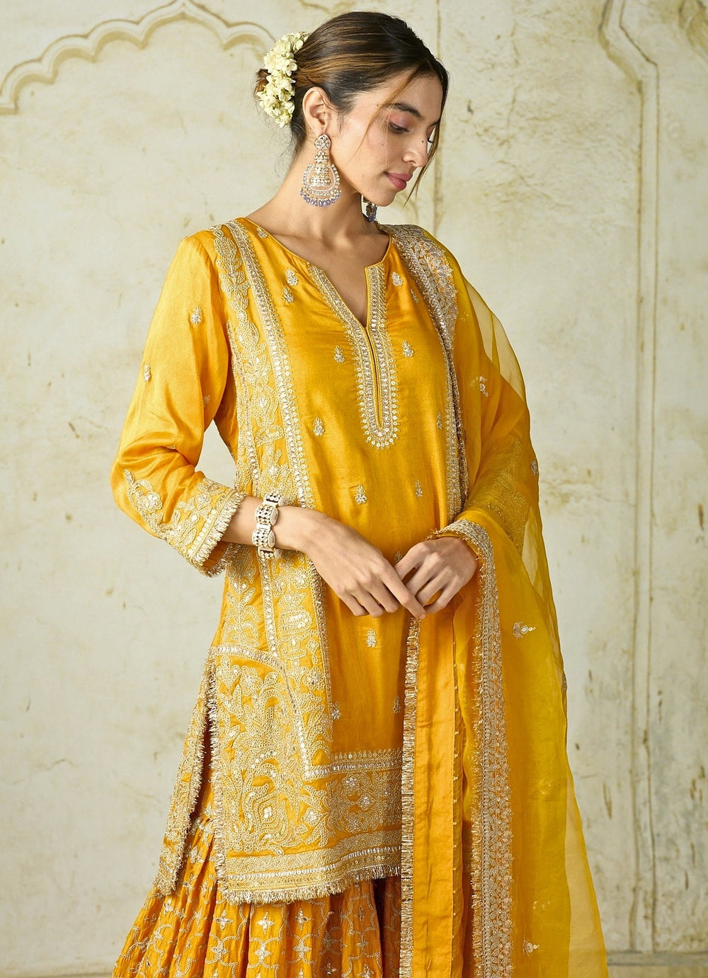 Gopi Vaid Mustard Yellow Tussar Kurta Sharara SetFabilicious Fashion