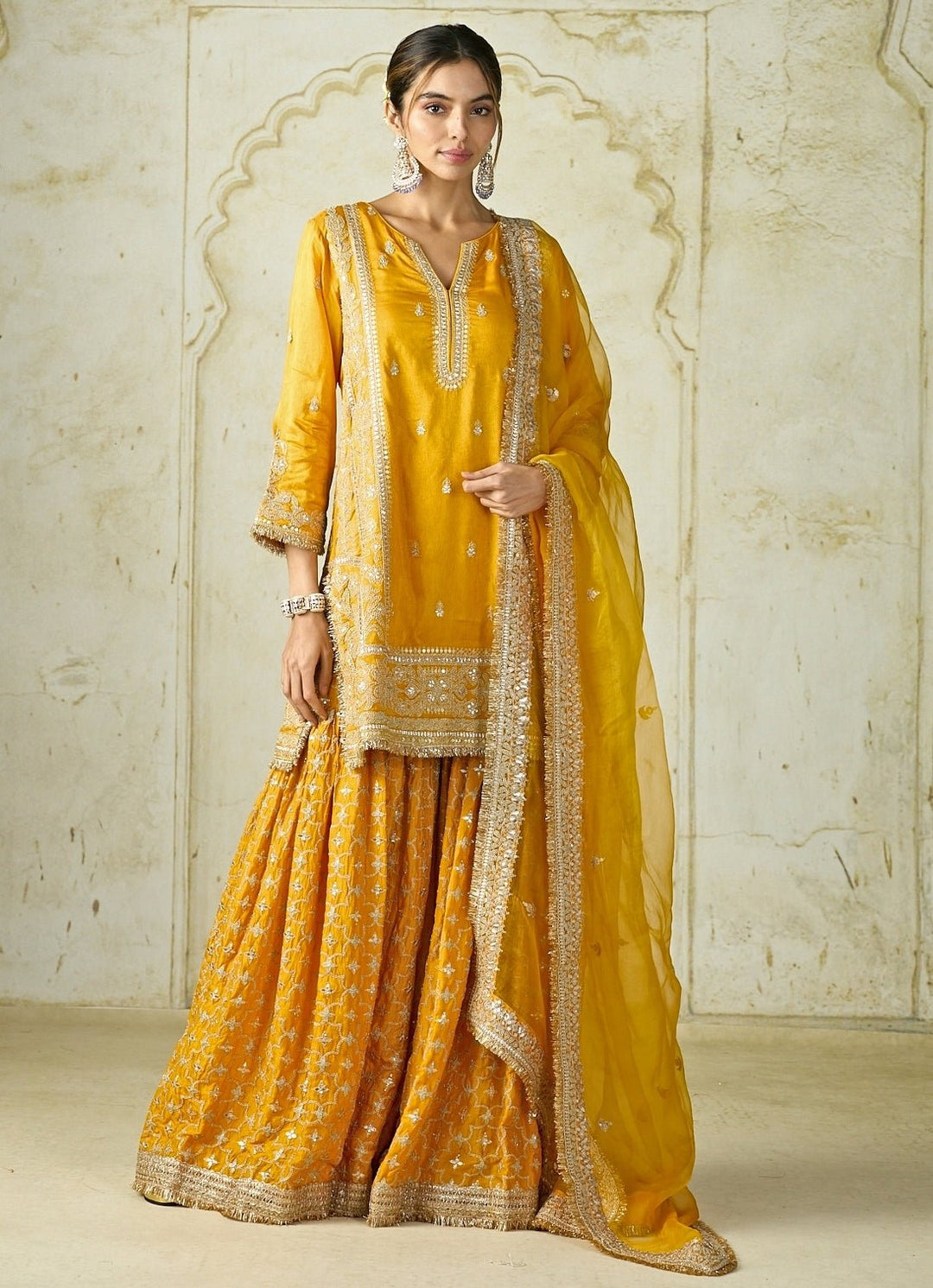 Gopi Vaid Mustard Yellow Tussar Kurta Sharara SetFabilicious Fashion