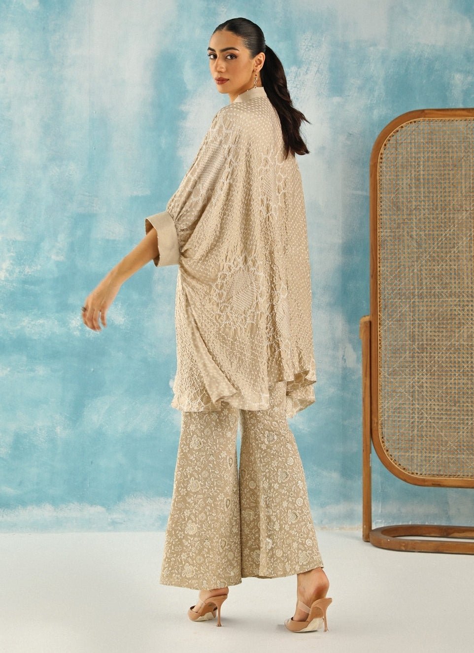 Twenty Nine Muted Beige Asymmetric Bandhani Tunic Kurta With PantsFabilicious Fashion