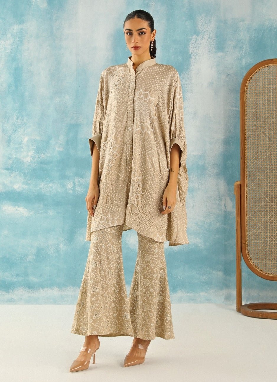 Twenty Nine Muted Beige Asymmetric Bandhani Tunic Kurta With PantsFabilicious Fashion