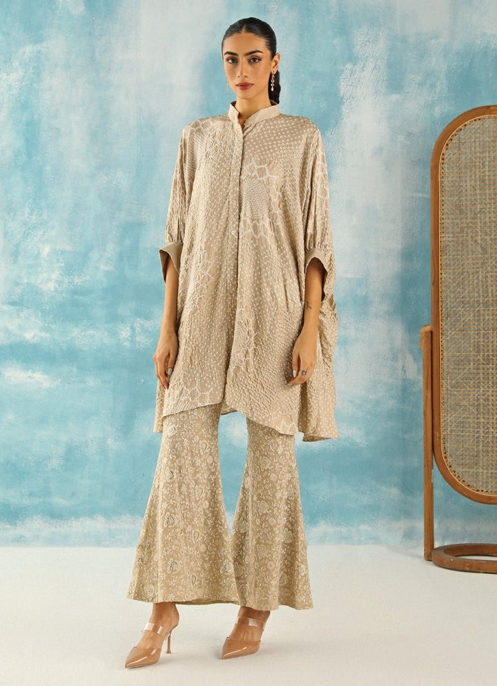 Twenty Nine Muted Beige Asymmetric Bandhani Tunic Kurta With PantsFabilicious Fashion