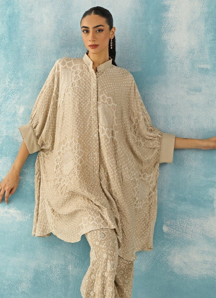 Twenty Nine Muted Beige Asymmetric Bandhani Tunic Kurta With PantsFabilicious Fashion