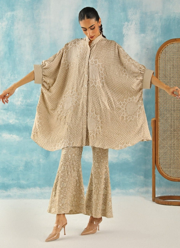 Twenty Nine Muted Beige Asymmetric Bandhani Tunic Kurta With PantsFabilicious Fashion