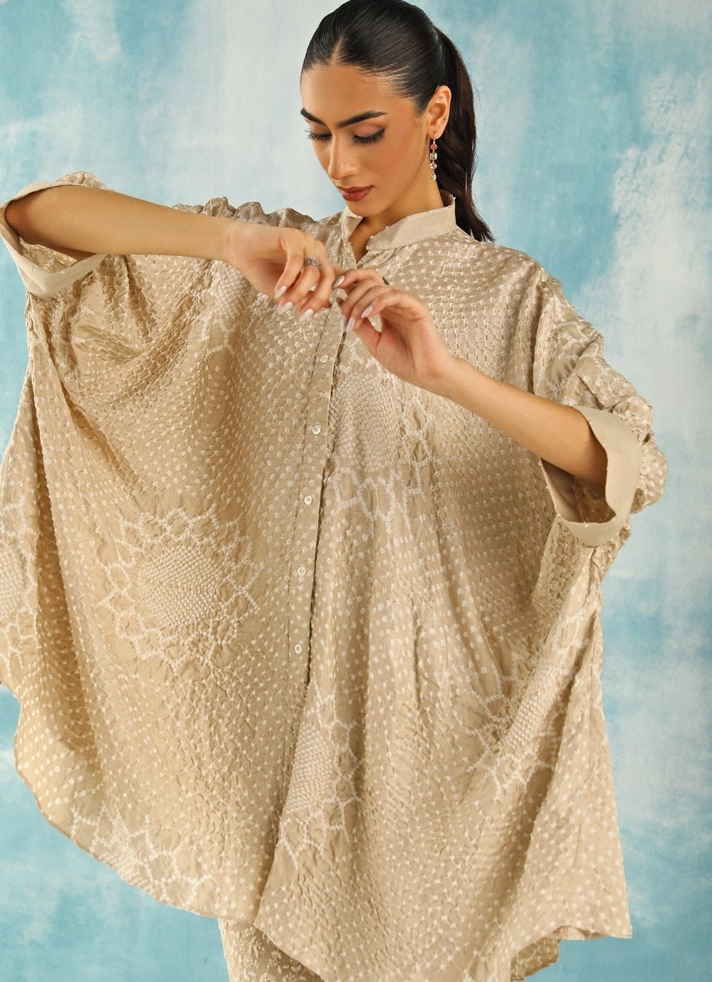 Twenty Nine Muted Beige Asymmetric Bandhani Tunic Kurta With PantsFabilicious Fashion